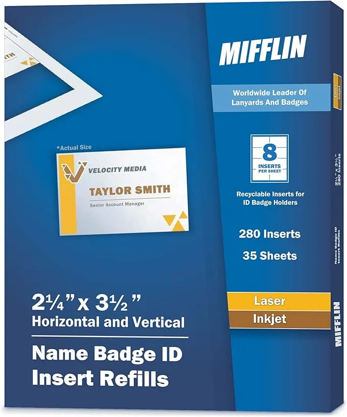 Mifflin-USA Name Badge Inserts, 2.25x3.5" or 3.5x2.25" Badge Inserts (280 Cardstock Refills, 35 Sheets), Compatible with Inkjet, Laser Printer, and