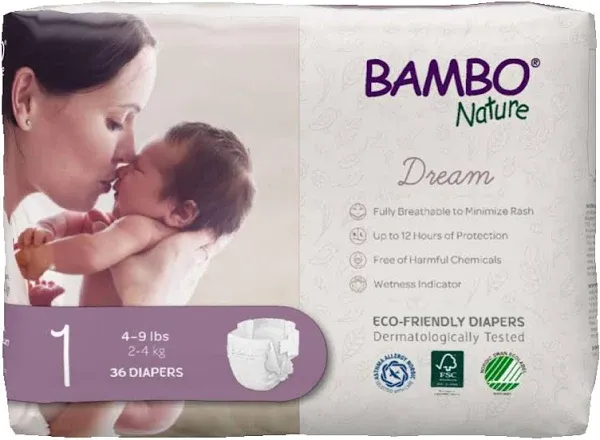 Bambo Nature Hypoallergenic Baby Diapers, Eco-Labelled Sustainable Diapers, Enhanced Leakage Protection, Totally Chlorine-free, Skin Friendly, and Super Absorbent - Size 1 (36 Count)