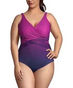 Lands' End Women's SlenderSuit Tummy Control V-Neck Wrap One Piece Swimsuit - 14 - Violet Rose/Navy Ombre