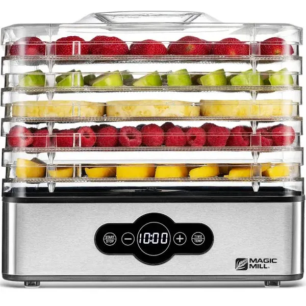 Magic Mill Food Dehydrator Machine | 5 Stackable Stainless Steel Trays Jerky Dryer with Digital Adjustable Timer and Temperature Control - Electric Food Preserver Machine with Powerful Drying Capacity for Fruits, Veggies, Meats & Dog Treats (5 Stainless 