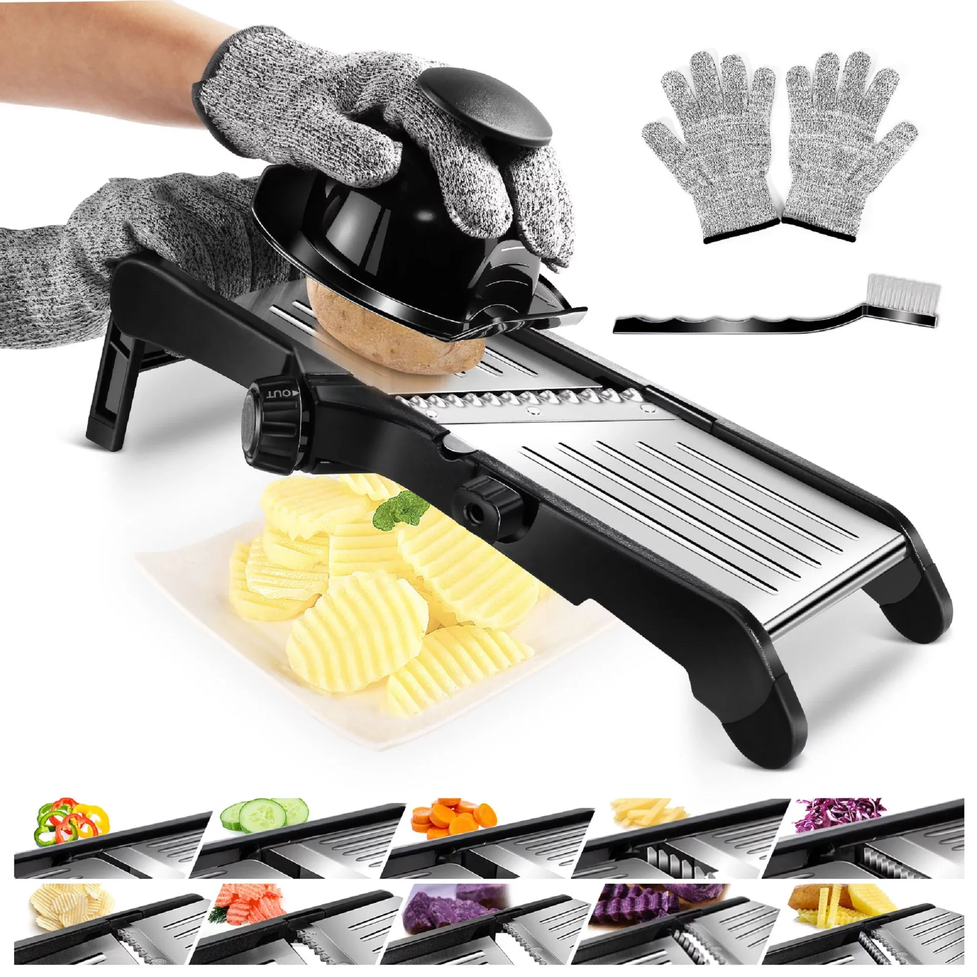 MASTERTOP Adjustable Mandoline Food Slicer Vegetable Slicer Fruit Cutter Stainless Steel Kitchen Julienne Slicer For Kitchen Waffle Fry Cut Potato Chip Vegetable Onion Cheese French Fry