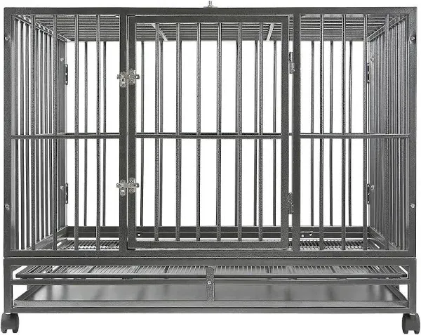 SmithBuilt 42" Large Heavy-Duty Dog Crate Cage - Two-Door Indoor Outdoor Pet & Animal Kennel with Tray - Silver