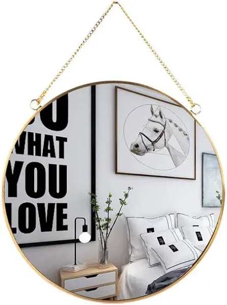 LONGWIN Hanging Wall Circle Mirror Decor Gold Geometric Mirror with Chain for Bathroom Bedroom Living Room 9.8"