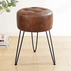 LUE BONA Reddish Brown Vanity Stool Chair for Makeup Room, Tufted Faux Leather Stool for Vanity, 19 inch Height, Vanity Chair Stool with Metal Legs, Modern Foot Stool Ottoman for Bedroom, Living Room