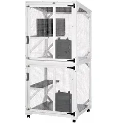 PawHut Wooden Catio with Waterproof Roof, Large Cat House with High-Up Resting Box, Indoor & Outdoor Cat Enclosure with Wheels, for 1-3 Cats, White