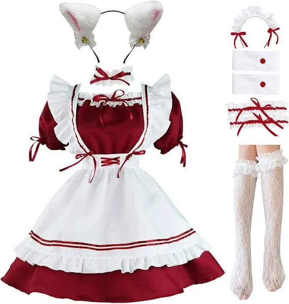 Women's LISANEK Maid Outfit Anime Cosplay Lolita Maid Dress French Maid Costume Plush cat ear Socks set