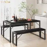 Aiho 45.5" Dining Table Set for 4 with 2 Benches for Kitchen, Dining Room - Gray