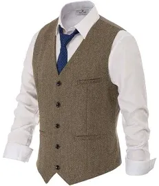 PJ PAUL JONES Men's Western Herringbone Tweed Suit Vest Wool Blend V Neck Slim Fit Waistcoat