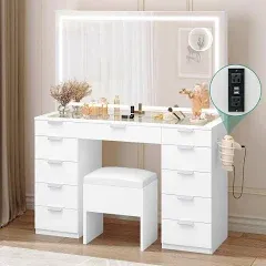 YITAHOME 46'' Makeup Vanity Set with LED Illuminated Mirror, Power Outlet, and Dressing Table