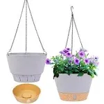 QCQHDU 8 inch Hanging Planter, 2 Pack Self Watering Pots for Indoor Plants Flowers Outdoor Hanging Basket with Reservoir Tray & 3-Hooks Hanger