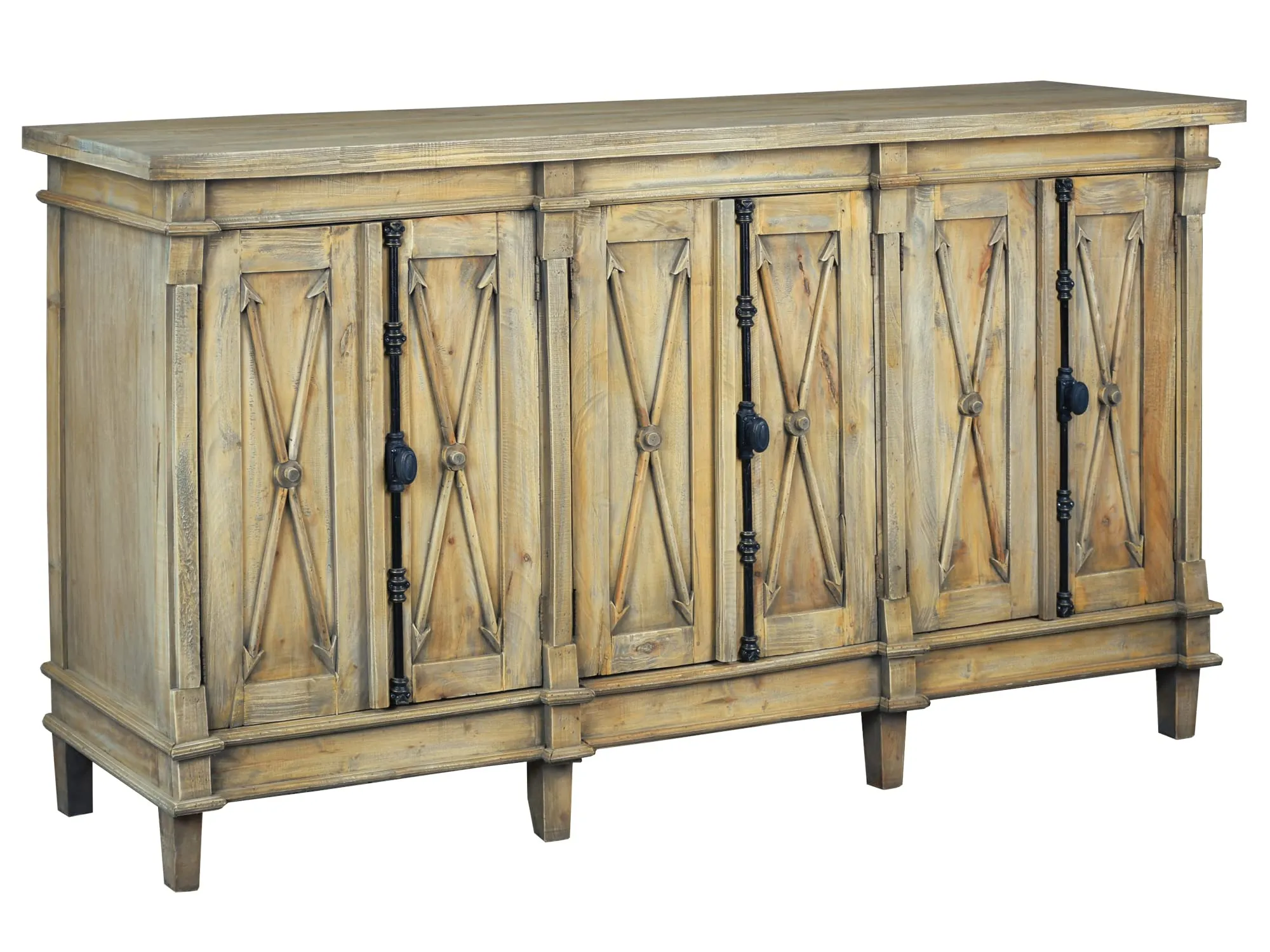 Shabby Chic Cottage Driftwood Brown 70 in. Solid Wood Credenza with 4 Arrow Doors and 2 Shelves