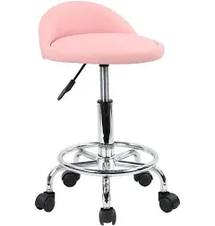 KKTONER PU Leather Round Rolling Stool with Back Rest Height Adjustable Swivel Drafting Work SPA Task Chair with Wheels Pink