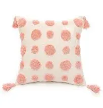 PLWORLD Boho Pink Throw Pillow Cover 18x18 Inch with Tassels, Pom Pom Tufted Decorative Cream Chenille Fabric Accent Textured Cushion Case for Bed Couch, 1 PC Cover Only No Insert