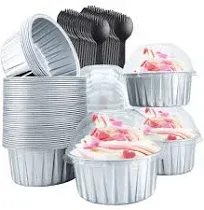 Cupcake Liners with Dome Lids 50 Pack,Free-Air 5oz Aluminum Foil Baking Cups Muffin Tin,Souffle Dessert Pudding Ramekin Holders for Individual Bakery Wedding Birthday Party,with 50 Spoons-Silver