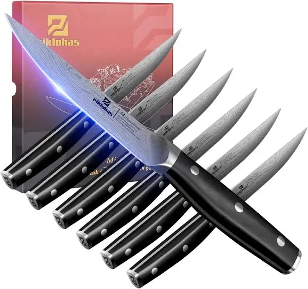 Steak Knives Set of 4, 4.5 Inch Non Serrated Dinner Knife, Forged German Steel Damascus Pattern Straight Edge Meat Knife with Full Tang Handle, Dishwasher Safe, Ideal for Gift