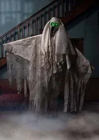 Fun Costumes 6FT Floating Animatronic Ghost Indoor, Grey Flying Scary Creepy Ghoul Talking Light-Up Eyes Halloween Decor