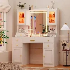 Pakasept Makeup Vanity Desk with Mirror and 3-Color Lights with Charging Station - White