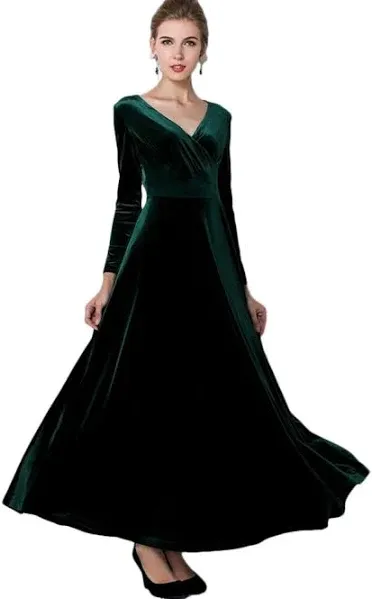 Urban CoCo Women Long Sleeve V-Neck Velvet Stretchy Long Dress