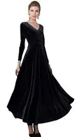 Urban CoCo Women Long Sleeve V-Neck Velvet Stretchy Long Dress