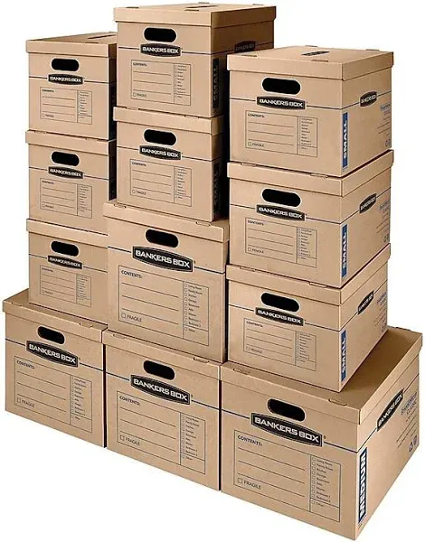 Bankers Box 12 Pack Kit, Classic Moving Boxes, 8 Small and 4 Medium Tape-Free wi