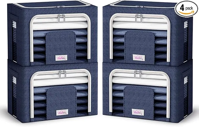 Blushbees® Oxford Fabric Collapsible Storage Boxes for Clothes/Quilts/Linen with Metal Supports (PACK OF 4 BOXES - LARGE SIZE 20×16×15 INCH)