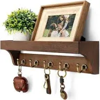 Rebee Vision Farmhouse Key Holder for Wall - Decorative Wooden Mail Organizer with 5 Rustic Key Hooks and Floating Shelf for Home Decor, Hallway, Entr