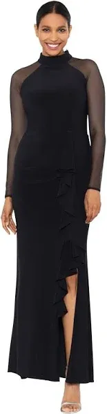 NEW $249 Betsy &amp; Adam [ 10 ] Illusion Mesh Long Sleeve Scuba Gown Black #J319