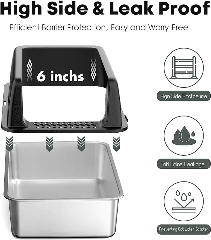 Stainless Steel Litter Box, Large Cat Litter Box with High Sides for Big and Multiple Cats, Sturdy Metal Cat Litter Box Non-Sticky & Anti-Urine Leakage, Include Litter Scoop, Easy to Clean