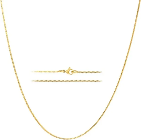 KISPER 24k Gold Box Chain Necklace – Thin, Dainty, Gold Plated Stainless Steel Jewelry for Women with Lobster Clasp