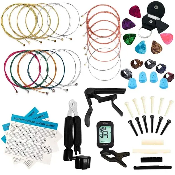 85PCS Guitar Accessories Kit Holder Case Include Acoustic Strings, Tuner, Capo, 3-in-1 Restring Tool, Picks, Pick Holder, Bridge Pins, Nuts & Saddles, Finger Protector, Chord Chart