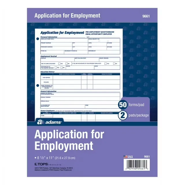 Adams 9661ES Bilingual Employee Application 2 per PK