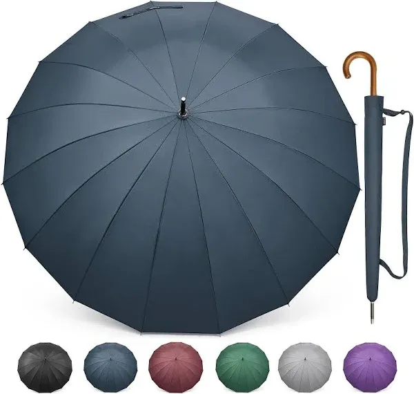 G4Free 54 inch Large Windproof Umbrella for 2 Persons, 16 Ribs Auto Open Classic Wooden J Handle Cane Stick Golf Rain Umbrellas for Men Women Travel