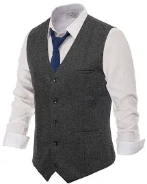 PJ PAUL JONES Men's Herringbone Tweed Suit Vest Casual Wool Blend Waistcoat