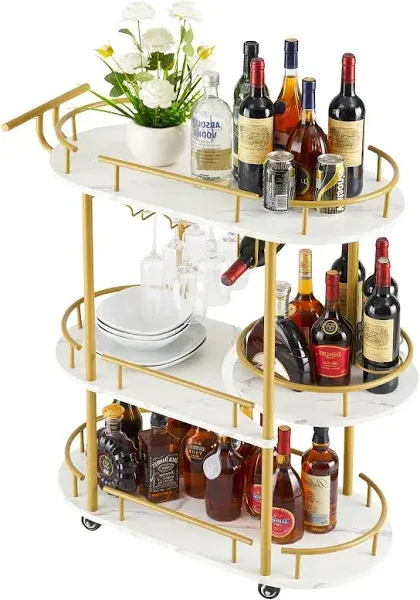 Gold Bar Carts with 4-Tier Storage Shelves, Mobile Bar Serving Cart with Wine Rack and Glass Holder for Kitchen, Living Room, Dining Room