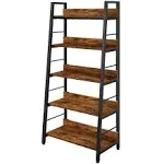 BATHWA 5-Tier Industrial Rustic Ladder Bookshelf - Open Wood and Metal