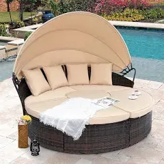 SUNCROWN Outdoor Patio Round Daybed with Retractable Canopy, Brown Wic