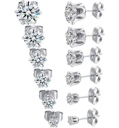 MDFUN 18K White Gold Plated Round Clear Cubic Zirconia Stud Earring Pack of 6 Pairs (6 Pairs)