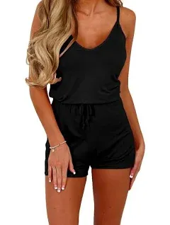 Dreamskull Women Summer Casual Spaghetti Strap Adjustable Waist Drawstring Short jumpsuit Cami Romper for girl…