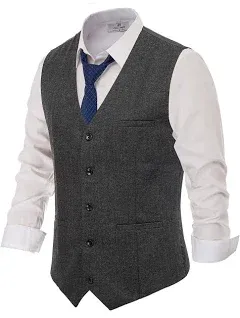 PJ PAUL JONES Men's Western Herringbone Tweed Suit Vest Wool Blend V Neck Slim Fit Waistcoat