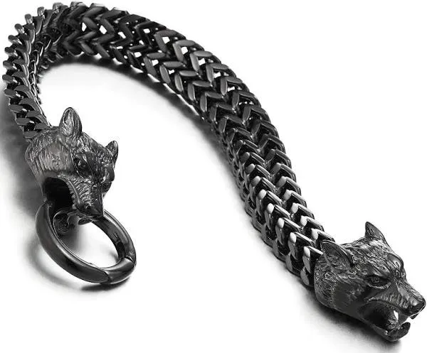 COOLSTEELANDBEYOND Men's Stainless Steel Wolf Head Franco Link Chain Bracelet