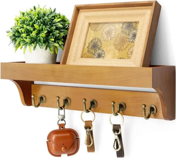 Light Brown Farmhouse Wall Key Holder with Shelf &amp; 5 Hooks Entryway Decor