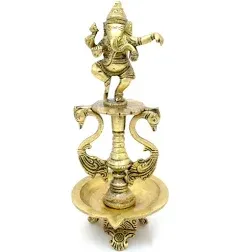 Two Moustaches 8 Inches Brass Dancing Ganesha Oil Diya with Base