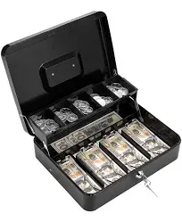 Cash Box with Lock Key and Money Tray Large Money Box for Cash Metal Lock Box fo