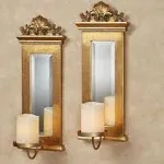 Acanthus Mirrored Wall Sconces Gold Set of Two - Beveled Mirror - Large Ornate Candle Holder Pair - Elegant Wall Decor for Bedroom, Dining, Living Room - 19 Inches High