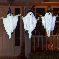 JOYIN 3 Pack 24.8" Hanging Ghost Decorations, Halloween White Ghost with Hats for Haunted House Graveyard Scene, Spooky Indoor and Outdoor Decor