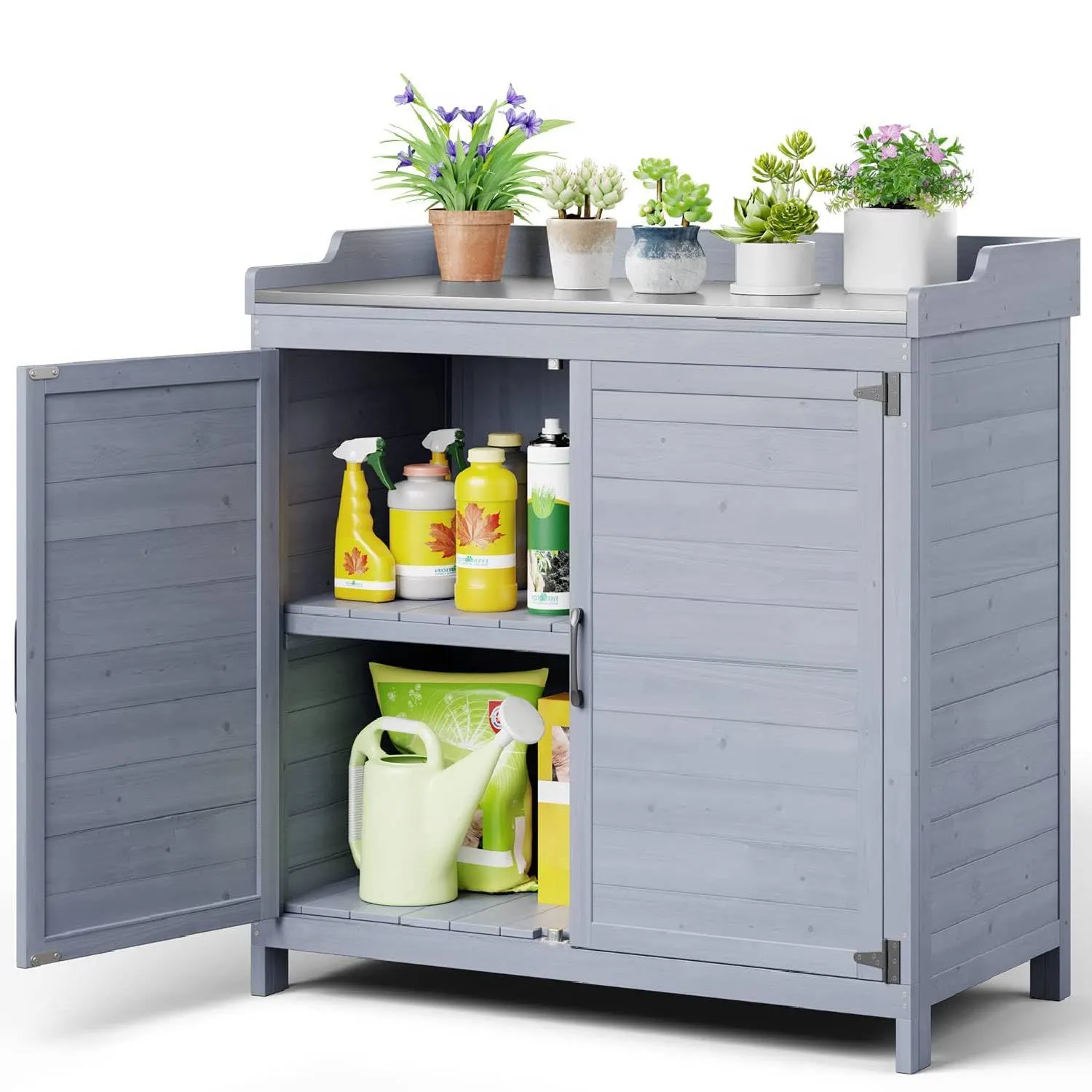 Gizoon Outdoor Potting Bench with Metal Tabletop, Outdoor Garden Patio Wooden Storage Cabinet with Adjustable Shelf, Double Doors Garden Work Bench for Backyard, Patio, Lawn - Grey