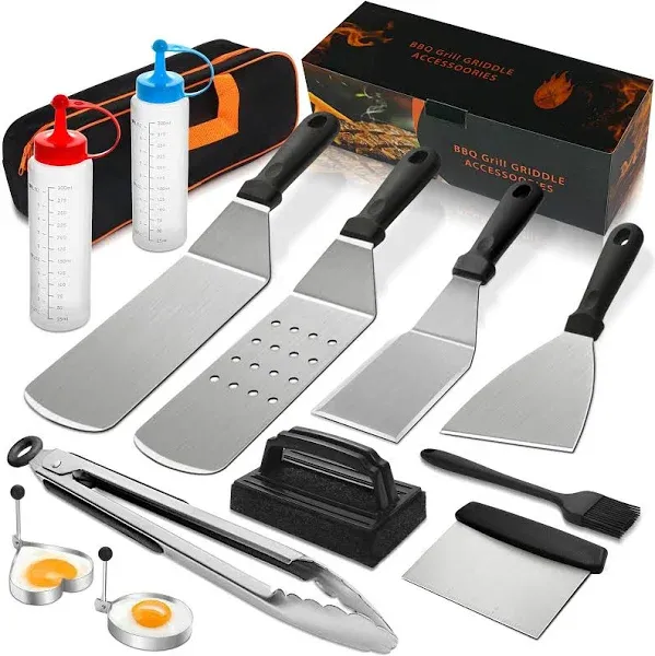 Professional Stainless Steel Griddle Accessories kit,Spatula, Clamps, Spray Bottle,Seasoning Brush, Cleaning Brushes, Molds, Cutter,for Outdoor BBQ and Teppanyaki Camping