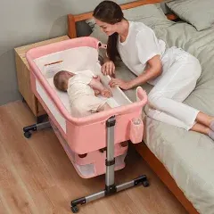 Baby Crib,3 in 1 Bedside Crib Adjustable Portable Bed for Infant,Baby Bassinet Baby Newborn Must Have Bed,Pink