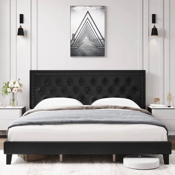 GARVEE Size Bed Frame with Tufted Faux Leather Headboard Upholstered Platform Bed with Adjustable Headboard