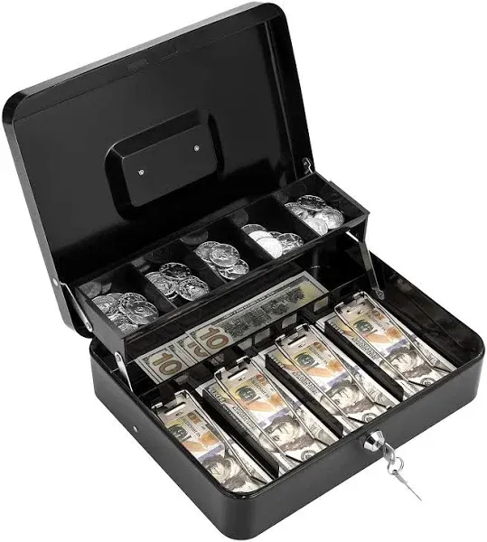 Large Cash Box with Money Tray and Lock, Metal Money Box for Cash, Lockbox 11.8